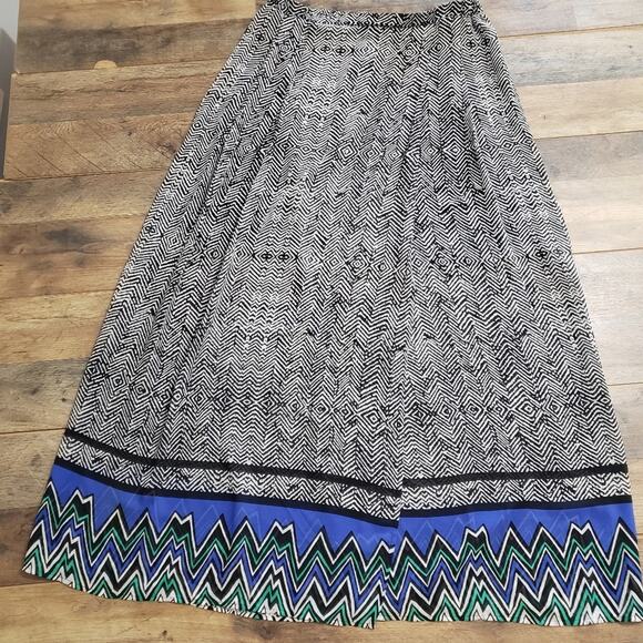 Halo Pull On Wrap Maxi Skirt Blue and Black Zig Zag Pleated Front Skirt Medium - Picture 1 of 14